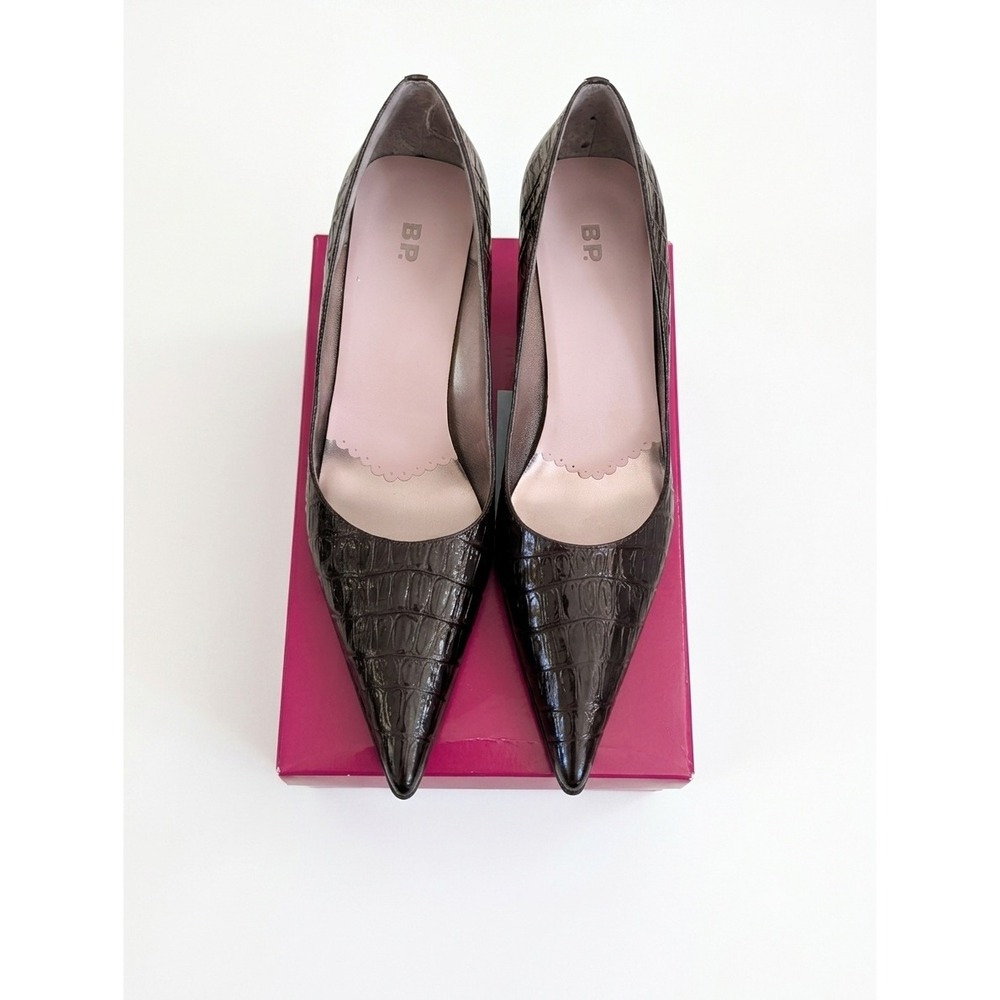 Y2K BP. Melrose Brown Croc Embossed Leather Pointed Toe Kitten Heels - Picture 2 of 9